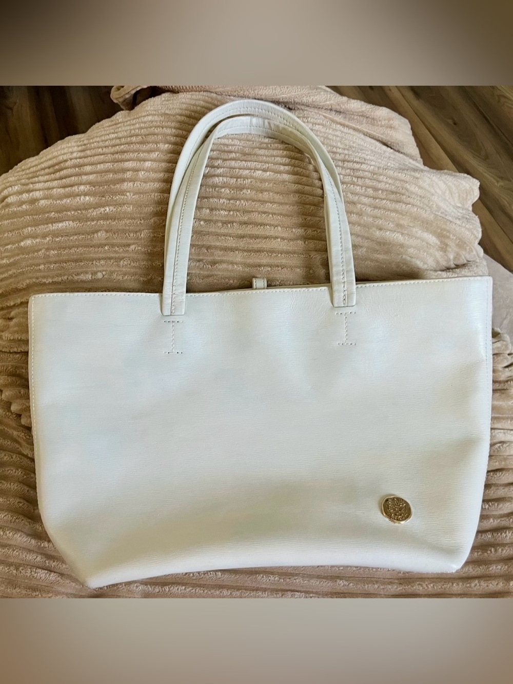 Classic White Leather Tote Bag with Gold Accent